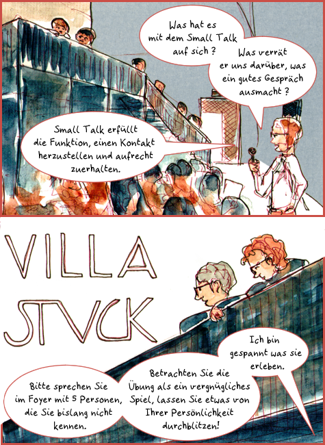 Ausschnitt aus dem Comic Smalltalk und Link zu Comic mit vollständiger Texttranskription. Der abgebildete Ausschnitt zeigt das Publikum beim Philosophischen Foyer der Villa Stuck. Einige hören dem Moderator, der sie begrüßt und den Abend einleitet, auf Stühlen sitzend im Saal zu, zwei Menschen lauschen von einer Balustrade.