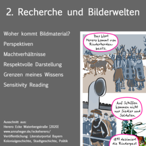 Ausschnitt aus dem Vortragsslide 2. Recherche und Bilderwelten. In Stichpunkten and der Seite: Woher kommt Bildmaterial? - Perspektiven - Machtverhältnisse - Respektvolle Darstellung - Grenzen meines Wissens - Sensitivity Reading. Rechts ein Ausschnitt aus dem Comic 