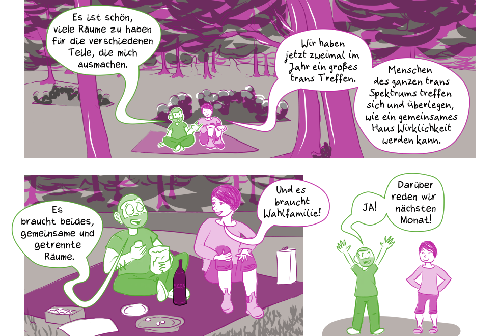 3 panel comic excerpt: Illi and Sam are sitting amongst trees on a picnic blanket and continue their conversation. 
Sam: It's nice to have lots of spaces for different parts of who I am.
Illi: We have this big trans meeting twice a year. People from all over the trans spectrum come together, because we dream of having a shared house.
Sam takes crisps from a bag. In front of both of them are plates with fruit and a bottle labeled Soda.
Sam: It is great to have spaces for all of us together and for specific groups.
Illi: And then, there is chosen family.
Illi and Sam are suddenly in open white space on some kind of grey rug.
Sam: Yes! Let's talk about that next month!