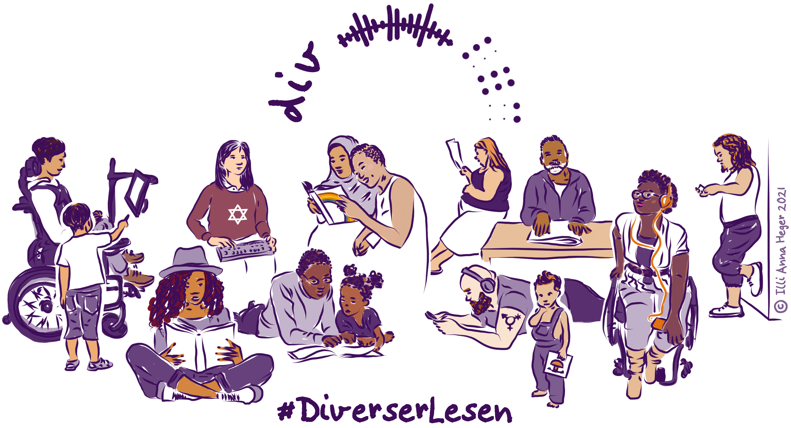 The logo for the challenge #DiverserLesen shows a group of people reading in different ways. The logo was created by Illi Anna Heger as dark violet line art colored in different shades of brown and violet. In the middle above the group are the letters »div«, the symbol for an acoustic signal and in German short Braille the word »lesen«, meaning reading, written with the Braille letters »l % c«. 
The group of people described from left to right: Two people of Color with short black hair. The grown up sits in an electrical wheel chair and navigates the attached screen with their eyes. The child next to them points with their finger to the screen. In front of them a black person reads a book cross-legged and has a hat on their long curly hair. Behind them a person of color reads on an electronic Braille reader on their knees. Their long hair is cut with bangs and on their sweater a Star of David in knitted in.
Two black persons read a book together while lying on the floor. The grown up wears their curls short and has glasses. the child wears their hair in Afro-puffs. Two people of color hold hands and read a printed book together, one of them wears a hijab and the other her dark hear with an undercut. A white person with skirt and long blond hair reads a huge printed magazine. She leans a against a table where a white haired black person sits and reads Braille on paper. In front of the table lies a white person with bald head, beard, a genderqueer tattoo on their upper arm, with headphone and mobile in their hands. In front of them a three year old kid with overalls and an picture book in their hands. On the right, a black person with a short Afro, sitting in a manual wheel chair. Their mobile on their lab, the listen to a book on their headphone. At the far right, a white person with shoulder length hair and a blond beard, reading a zine. They are short of stature..