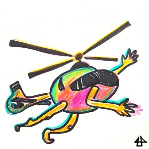 Schnelle Skizze mit Buntstiften und dickem schwarzem Filzstift eines Hubschraubers der an der Unterseite Arme und Beine hat die so groß sind wie die Rotorblätter oben dran.