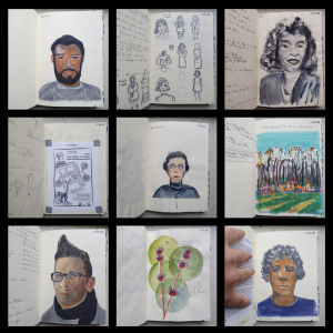 Gitter mit drei mal drei Einzelfotos aus einem Skizzenbuch.
1) Filzstift Portrait einer Person of Color mit Vollbart und grauem Shirt
2) verschiedene Buntstiftzeichnungen einer weißen Person mit halblangen Locken
3) Aquarell Portrait einer weissen Person mit halblangen gelockten Haaren
4) ausgeducktes und mit blauen Klebebandstücken eingefügter Plakatentwurf
5) Aquarell Portrait einer weissen Person mit kurzen Haaren und Kopfhörern
6) Filzstiftzeichnung eines Spielplates mit großen Bäumen
7) Filzstiftportrait einer weißen Person mit aus der Stirn gegelten Haaren, dunkler Brille und dunklem Schal.
8) Aquarellzeichnung von stacheligen roten Blütenständen mit vier grünen Kreisen im Hintergrund 
9) Filzstiftportrait einer weissen Person mit kurzen grauen Locken und lila Oberteil