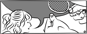 Digitale Zeichnung schwarz auf weiß. Eine Person mit Zopf, im Profil zu sehen, spricht und hinterm Kopf ist eine mit kleinen Punkten gefüllte Sprechblase zu sehen. Eine Hand einer anderen sonst nicht sichtbaren Person hält diese Sprechblase fest und mit der anderen Hand ein Vergrößerungsglas, die Punkte sind darin vergrößert.