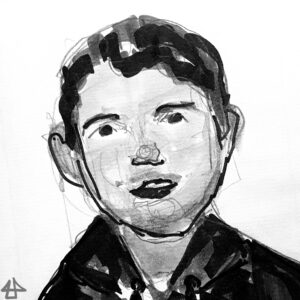 Bleistift- und Filzstift-Porträt einer weißen Person um die 25 mit sehr kurzen schwarzen Haaren, einem sehr leichtem Oberlippenbartschatten und dunklem Kapuzenpullover.