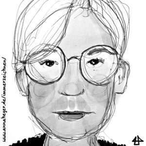 Porträt mit Tinte, koloriert mit Filzstiften in Grautöne: weiße Person um die 30 mit hoch gesteckten hellen Haaren und Brille mit runden Brillengläsern schaut ernst und offen geradeaus.