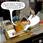 Foto eines flachen Minicomics-Regal auf der Verkaufstheke des Comic-Ladens. Überlagert mit dem fliegenden Avatar von Illi Anna Heger mit braunen Boots und grauem Rock, der im Flug nach einem Minicomic greift. In der zugehörigen Sprechblase: neu bei Modern Graphics in Berlin Prenzlauer Berg, Kastanienallee 79.