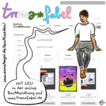 Der Avatar von Illi Anna Heger sitzt wie auf einer Mauer innerhalb eines Screenshots des online Buchladen: trans*fabel Jenseits des 2-Geschlechtersystems. Auf Höhe der Füße die Abbildungen von 2 Minicomics und einer gelb-lila-schwarz-weißen Postkarte. In der zugehörigen Sprechblase: seit 2021 in der online Buchhandlung auf www.transfabel.de.