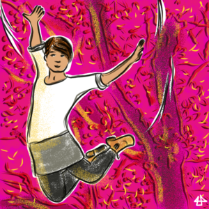Kolorierte Zeichnung des Avatars von Illi Anna Heger. Xier fliegt wie bei einem Trampolinsprung mit angewinkelten Beinen durch die Luft. Dahinter Baumäste und Blätter in orange, lila und magenta. 