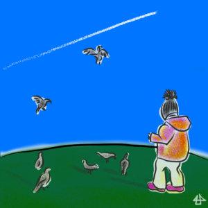 Kolorierte Zeichnung eines Kindes, welches auf einem wiesen-bedeckten Hügel Tauben füttert. Es ist nur von hinten zu sehen und trägt Pudelmütze roten Anorak und warme Stiefel. Einige Tauben fliegen in die Luft. Der Himmel ist sehr blau mit einem weißen Kondensstreifen, der nach rechts oben verläuft.