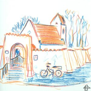 Buntstiftzeichnung einer kleinen Kirche umgeben von einer weißen Mauer an der ein Fahrrad lehnt. Dahinter große Bäume.