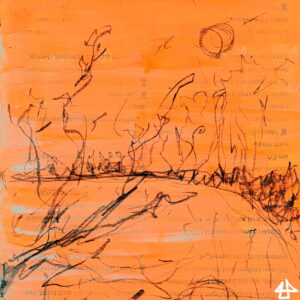Bleistiftskizze auf Papier mit orangefarbener Akrylfarbschicht. Im Vordergrund ein Ast , dahinter das Seeufer mit angedeuteten Bäumen.