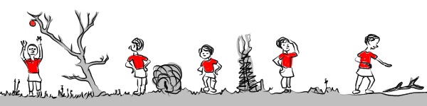 illustration comic: A figure with a red T-shirt tries to reach a red apple on a small tree, they are not successfull and walk around looking for something. At last they bend down to a forked branch.