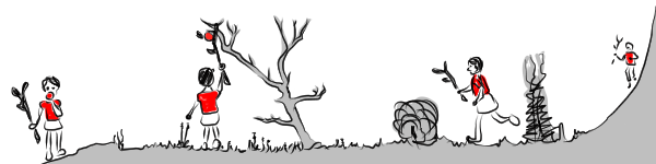 illustration comic: A figure with a red T-shirt walks back a forked branch in hand to the small apple tree. They use it to get the apple and then eat it.