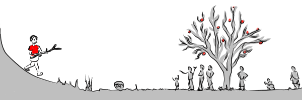 illustration comic: a figure with a red T-shirt is carrying a forked branch to a group of people beckoning him and standing under a big tree with red apples.