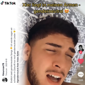 Angepasster Screenshot von Tiktok. Ein junge Person mit dunklen kurzen Haaren und gepflegtem Vollbart singt voller Gefühl, der Kopf auf nem gemusterten Kopfkissen.  Gelbe Schrift oben: Xier liegt in meinen Armen - genderneutral  😍  Schwarze kleine Schrift am Rand: timurcan78 Timurcan · 2021-6-10 Endlich bald genderneutrale Songs 😍 Ich würde sagen wir schreiben in Zukunft nur noch genderneutrale Lieder 😊🤍 #genderneutral #xier #xies #joke 