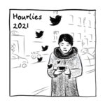 Hourlies 2021: A person is scrolling on their phone in front of an appartement building, little twitter icons flying in the air. 