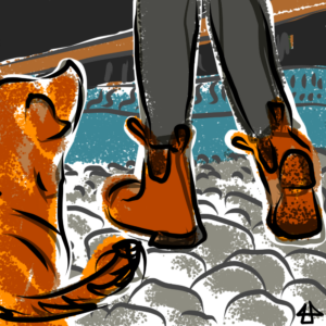 Die Füße einer Person, die über eine Kieselbank läuft, davor ein orange-brauner Hund mit wedelndem Schwanz, dahinter eine Brücke über 'nen Fluss. Digitale in dunklen Farben kolorierte Linienzeichnung.