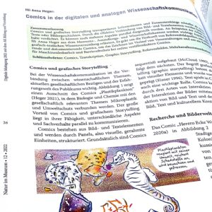 Foto der ersten Seite des Artikels von Illi Anna Heger "Comics in der digitalen und analogen Wissenschaftskommunikation".  Am Rand: Seite 26, Natur im Museum 12 2021, Digitale Maitagung 2021 mit dem AK Bildung und Vermittlung. Die Textblöcke sind angeschnitten unten eine bunte Illustration eines Seepferdchens was an Plastik im Meer knabbert. Für den gesamten Text siehe Link im Tweet.