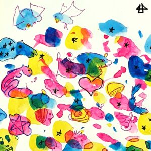 Aquarellzeichnung mit Fineliner in pink, gelb und blau. Bunt durcheinander wurde Farbkleckse getupft und mit Fineliner daraus kleine Figuren gezeichnet: ein Pils, ein Eichhörchen,  ein Herz, eine fliegender Fisch, Gesichter und viele winzige fünfzackige Sterne.
