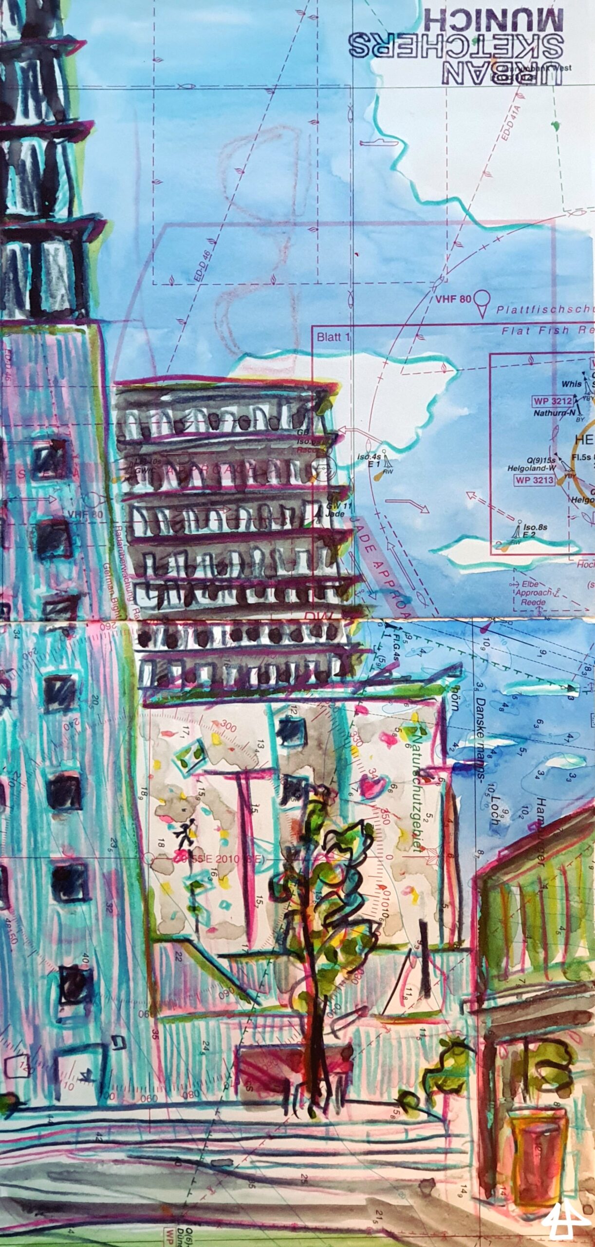 Zeichnung mit Aquarell und Buntstiften auf Seekarte: Mehrere moderne Bürogebäude hintereinander, mittig eine Kletterwand, davor ein junger Baum. Im Hintergrund weiße Wolken am blauen Himmel.