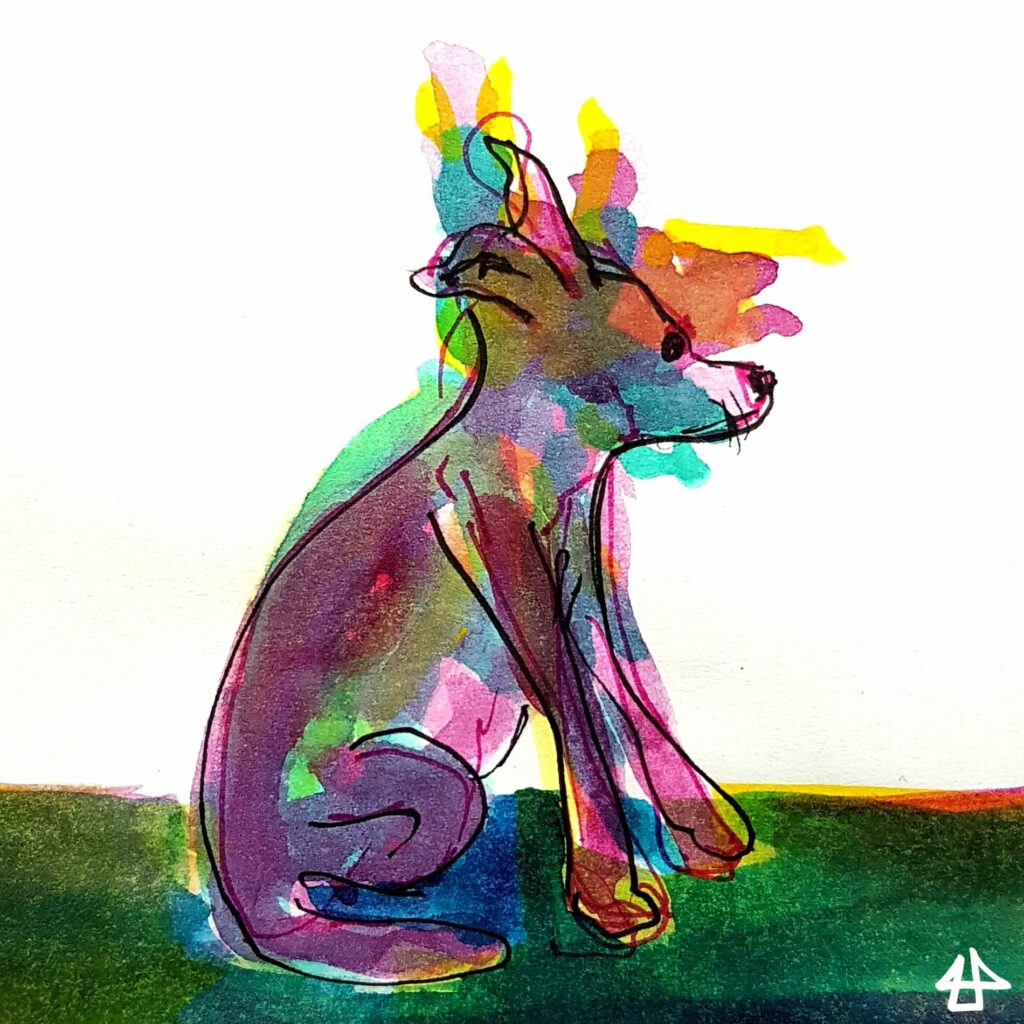 Aquarellierte Finelinerzeichnung. Ein Hund in allen Farben des Regenbogens sitzt auf den Hinterpfoten. Jede der überlagerten Farben zeigt eine unterschiedliche Kopfhaltung an.