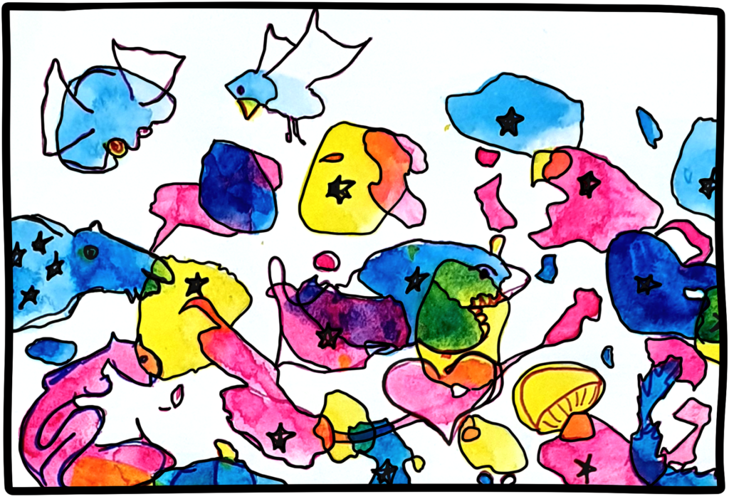 Lots of yellow, blue and pink overlapping splashes and black outlines create little figures and squiggly creatures: faces, birds, mushrooms, squirrels, hearts, flying fish, and tiny five-pointed stars.