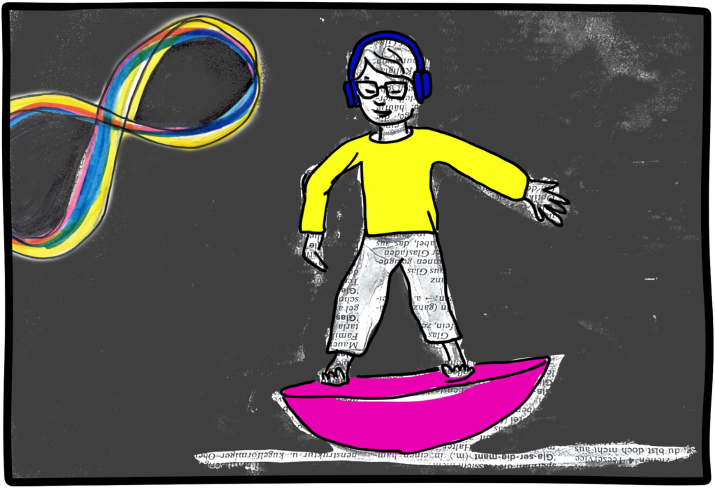 Illi stands calmly on a pink balance board. Illegible dictionary definitions in German are overlaid on their body. Behind them, the colors swirl within a now symmetrical infinity sign.