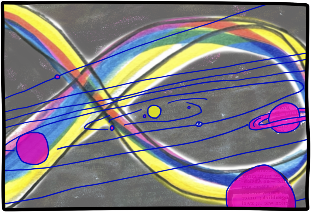A solar system bursts forward from infinity: a small, bright yellow sun in the middle, encircled by pink planetary shapes and blue lines indicating the revolutions of Earth and Mercury, Venus, Mars, Jupiter, Saturn, Uranus, Neptune.
