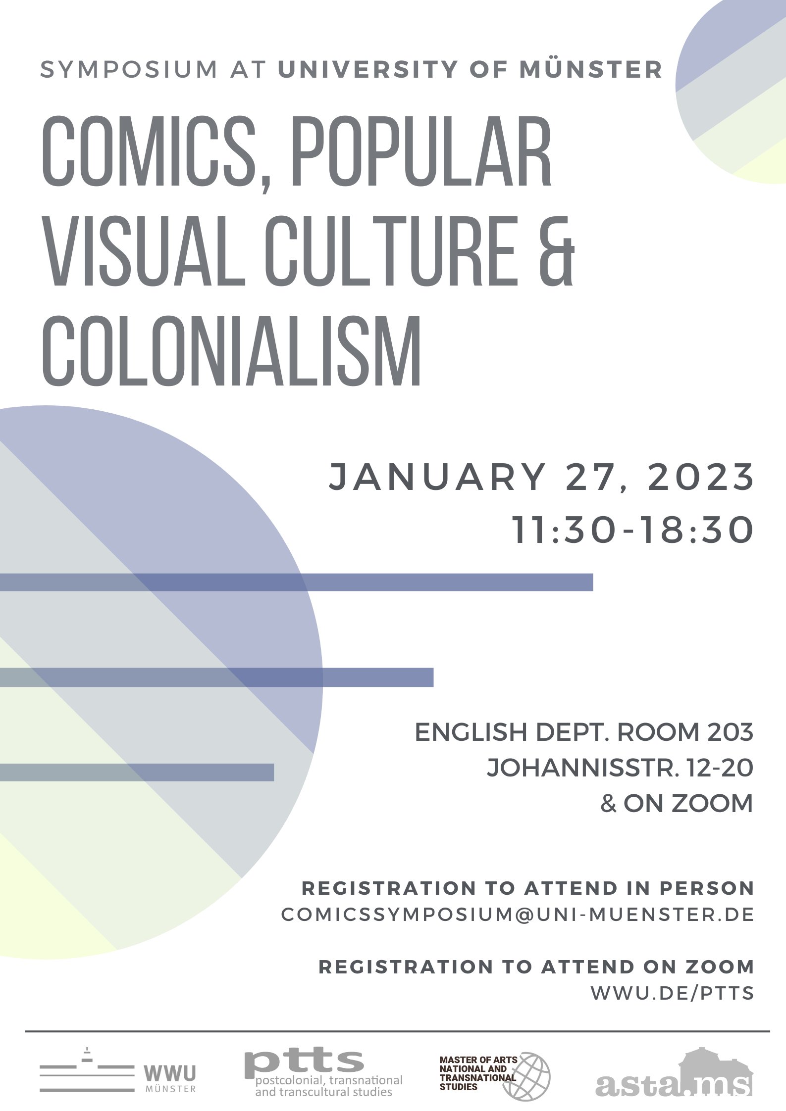 Flyer for the Symposium: Comics, Popular Visual Culture, and Colonialism. Symposium Comics, Popular Visual Culture, and Colonialism. Black on white with circular lavendel coloured illustration. January 27, 2023 11.20-18.30, Uni Münster & on zoom, registration to attend on zoom wwu.de/ptts