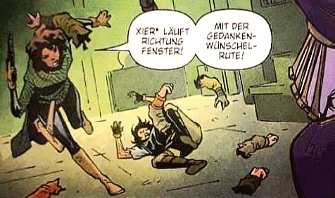 Ausschnitt aus dem Comic. Text ausgerufen von einer Person mit schwarzen Leggings, Boots und Jacke, die rennt und abgetrennten fliegenden Armen ausweicht: Xier läuft in Richtung Fenster! Mit mit der Gedankenwünschelrute! 