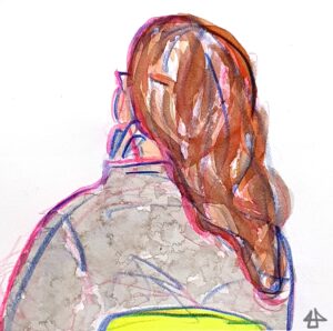 Mit Wasserfarben aquarellierte Buntstiftzeichnung. Eine Person mit hellgrauem Oberteil ist von hinten auf nem neongelben Stuhl zu sehen. Die langen braunen Haare fallen über die rechte Schulter.