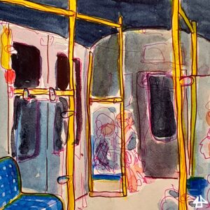 Mit Wasserfarben aquarellierte Finelinerzeichnung eines Berliner U-Bahn Abteils, schemenhaft zwei Menschen auf einer Bank hinten links, die gelben Stangen und blauen Sitzbezüge leuchten.