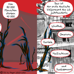 Ausschnitt aus dem Comic von Illi A. Heger 2020-2021. Auf der rechten Hälte eine in rotes Licht getauchte Wüstenlandschaft. Recht eine Baustelle in einem Münchner Vorort schwarzweiss mit rotem Himmel. Darüber Text verteilt auf mehere Sprechblasen: Von 80 000 Menschen sterben 60 000. Das ist der erste deutsche Völkermord des 20. Jahrhunderts. Windhuk, Karibib, Omaruru, Haifischinsel und Swakopmund