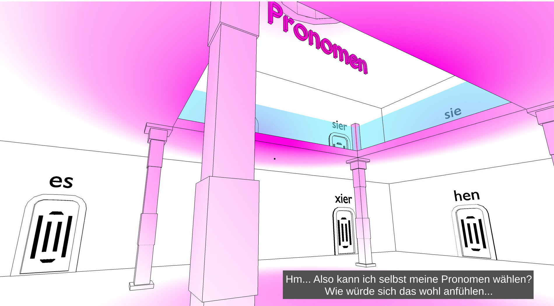 Screenshot aus dem Spiel. In einem geometrisch gezeichneten Treppehaus schwebt in pink das Wort 