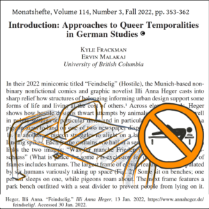 Screenshot from the paper with an overlay of a drawing of a bench with an armrest right across the middle and of a orange warning sign with an crossed out icon of a person lying down. Text:
Monatshefte, Volume 114, Number 3, Fall 2022, pp. 353-362, 