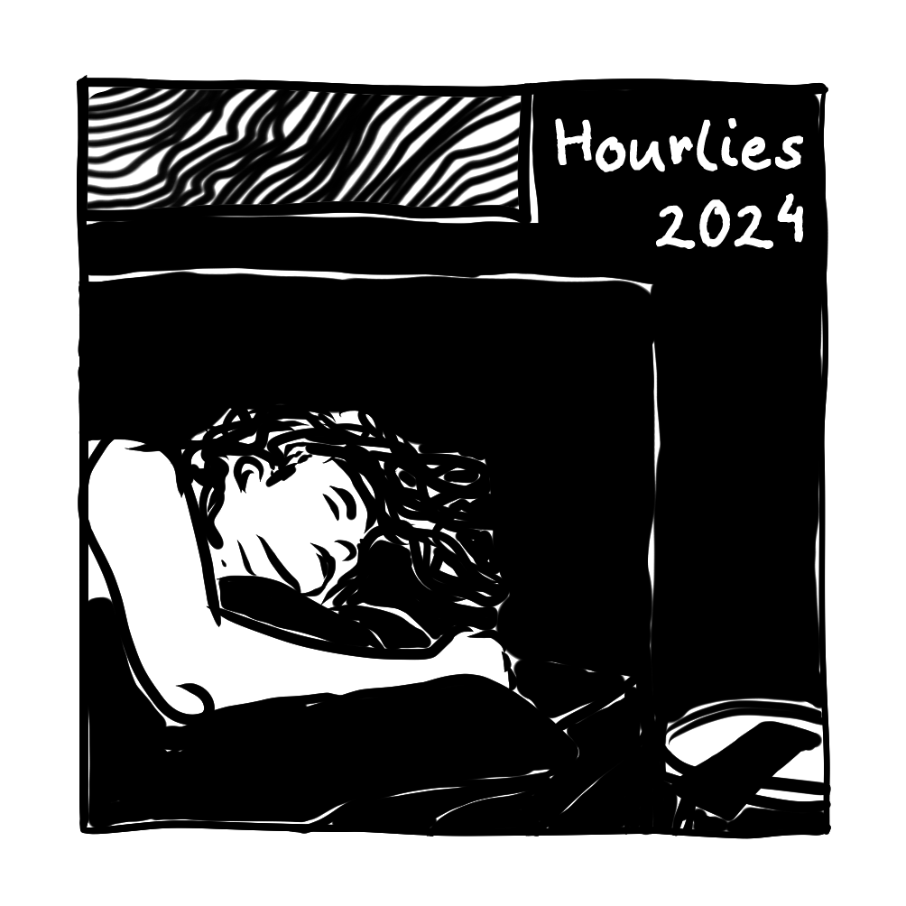Hourlies 2024: Eine Person liegt schlafend im Bett, darüber ein abstraktes Bild.