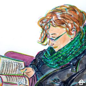 aquarellierte Buntstiftzeichnung: eine Person mit gelockten hochgesteckten Haare hält lesend ein Buch in der Hand, von schräg oben ist ein Bein und der Oberkörper zu sehen, sie trägt eine Lederjacke und einen großen grünen Loop-Schal.