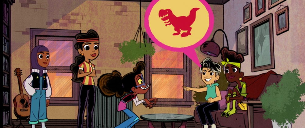 Screenshot aus der Zeichentrickserie. Lunella mit Afropuffs steht in der Mitte der Freundesgruppe im Wohnzimmer und bewegt sich wie ein Dinosaurier T-Rex. Ein bunte Sprechblase über Tai mit schwarzen kurzen Haaren zeigt ein Dinosaurier Emoji.