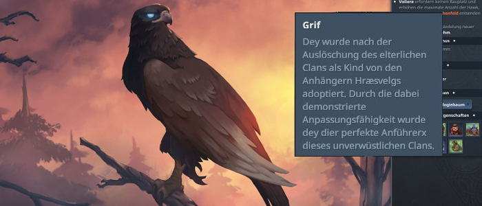 Screenshot aus dem Videogame, ein Falke mit leuchtend blauen Augen auf einem Baumgipfel in einem rot-orange erleuchteten Wald. Textkasten: Grif. Dey wurde nach der Auslöschung des elterlichen Clans als Kind von den Anhängern Hraesvelgs adoptiert. Du die dabei demonstrierte Anpassungsfähigkeit wurde dey dier perfekte Anführerx dieses unverwüstlichen Clans.