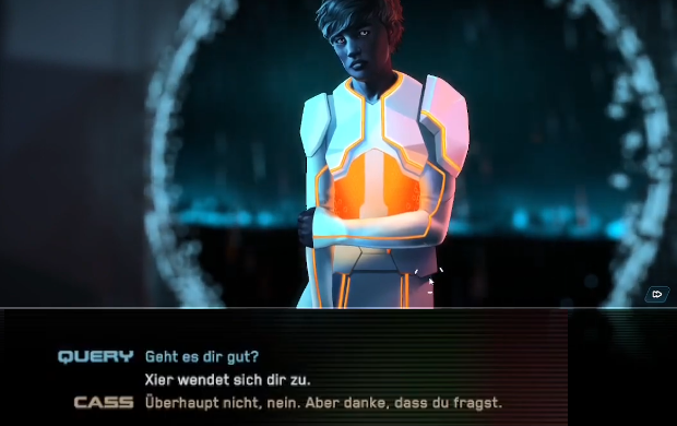 zweigeteilter Screenshot aus dem Game: oben eine Figur mit leuchtendem gepanzertem Anzug in hellblau und neonorange mit kurzen dunklen Haaren und dunklem Gesicht - unten der Interaktionstext: QUERY: Geht es dir gut?, Xier wendet sich dir zu., CASS: Überhaupt nicht, nein. Aber danke, dass du fragst.