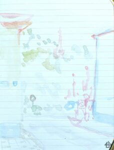 Einige Arbeitschritte zuvor, nur Aquarell als Skizze der Szene.