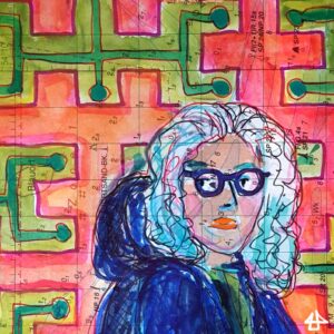Aquarelierte Finelinerzeichnung: Person mit schulterlangen welligen weissen Haaren, die an den Spitzen blau gefärbt sind. im Hintergrund abstrakte labyrinthine Formen in grün und pink.