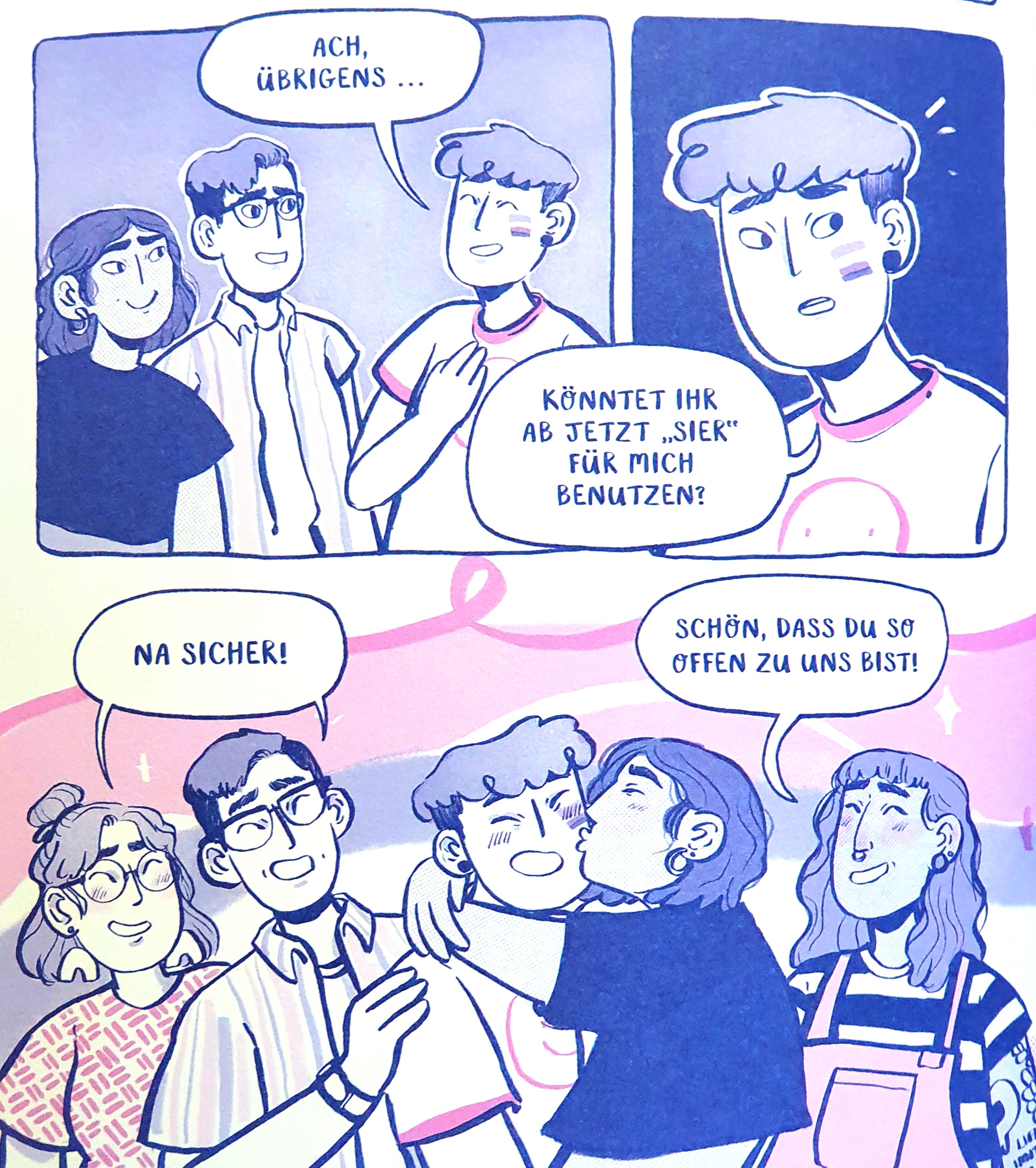 Drei Comicpanel. Die Hauptperson mit den kurzen lockigen Haaren sagt zu den Freunden: Ach übrigens ... könntet ihr ab jetzt sier für mich benutzen? Im ersten Panel zwei Freunde und Theo mit selbstsicherem Blick und der nichtbinären Flagge auf die Wange gemalt. Im zweiten Panel Theo mit unsicherem Blick. Im letzten Panel antworten die Freunde lachend: Na sicher ... schön dass du so offen zu uns bist. Sie umarmen und herzen Theo.