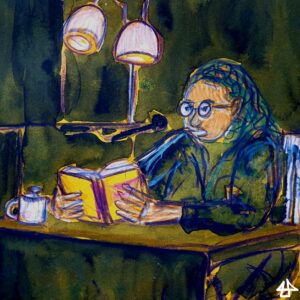 Aquarellierte Buntstiftzeichnung auf gelbem Karton. Eine Person mit welligen grün gefärbten Haaren liest aus einem gelbem Buch. Auf dem Tisch eine kleine Kanne, dahinter eine Stehlampe.
