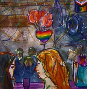 Aquarelierte Buntsiftzeichnung, zwei Personen mit langen Haaren unterhalten sich vertraut. Im Hintergrund der dunklere Pub mit Menschenmenge, einem Bund Luftballons von denen einer regenbogenfarbig und die anderen rot sind und eine inklusive Prideflagge über einem Ventilator.