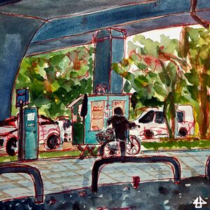 Aquarellierte Finelinerzeichnung: eine Person mit Rad vor einem türkisgrünen Schrank auf einem Gestell unter einer Betonbrücke. Im Hintergrund parkende Autos und Baumwipfel.