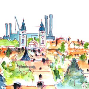 Aquarellierte Finelinerzeichnung: Bäume Wohnhausdächer, Kräne, Kirchtürme und ein Kraftwerk, von oben skizziert.