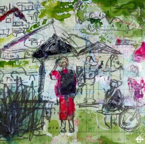 Aquarell, Akcryl und weicher Bleistift auf alter Seelarte: Person von hinten mit rotem Oberteil und Hose und schwarzem Rucksack fast sich an die Stirn, dahinter Sonnenschirme, Bierbänke und andere Menschen und den begrünten Hang hoch klein Häuserdächer. 
