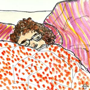 Aquarellierte Tintezeichnung: zwischen rot getupfter Bettdecke und lila gestreiften Kissen halbverdeckt der braungelockte Kopf einer schlafenden Person mit Brille.