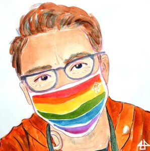 Aquarelliert Buntstiftzeichnung, eine Person mit über die Stirn hochgekämmten Seitenscheitel, die Maske ist regenbogenfarbend, von oben nach unten in sechs Streifen von rot nach violett. Die Brille ist dunkel mit mitteldickem Rahmen und die sportliche Jacke ist orange.